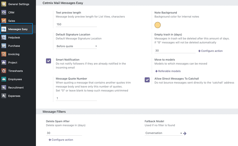 General App Configuration screenshot for Mail Messages Easy