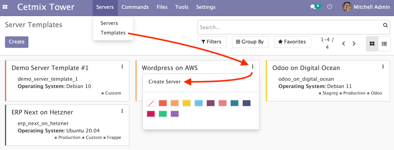 Server template kanban action