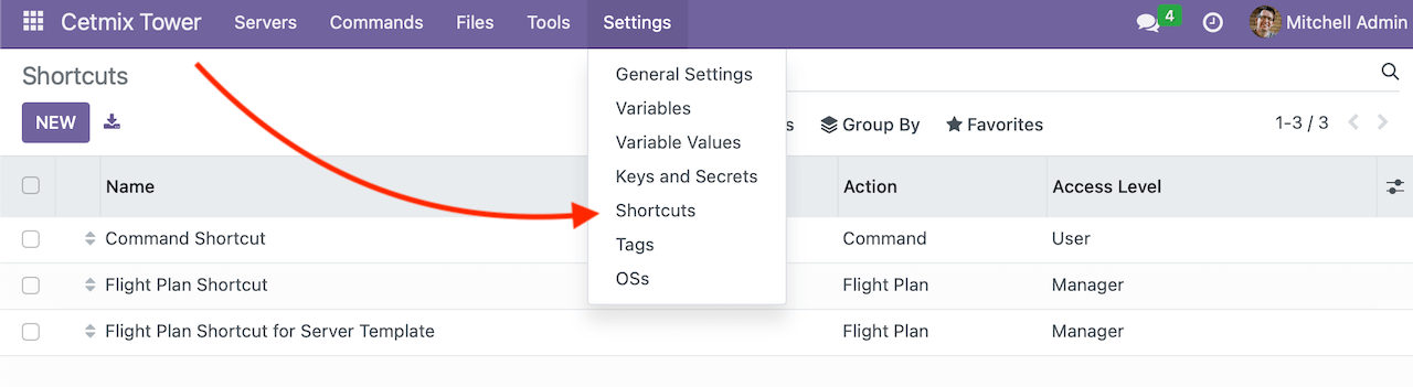 Shortcuts list