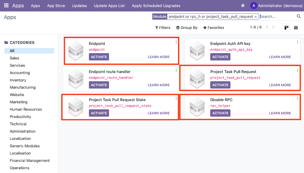 Odoo Apps list showing endpoint and pull_request modules