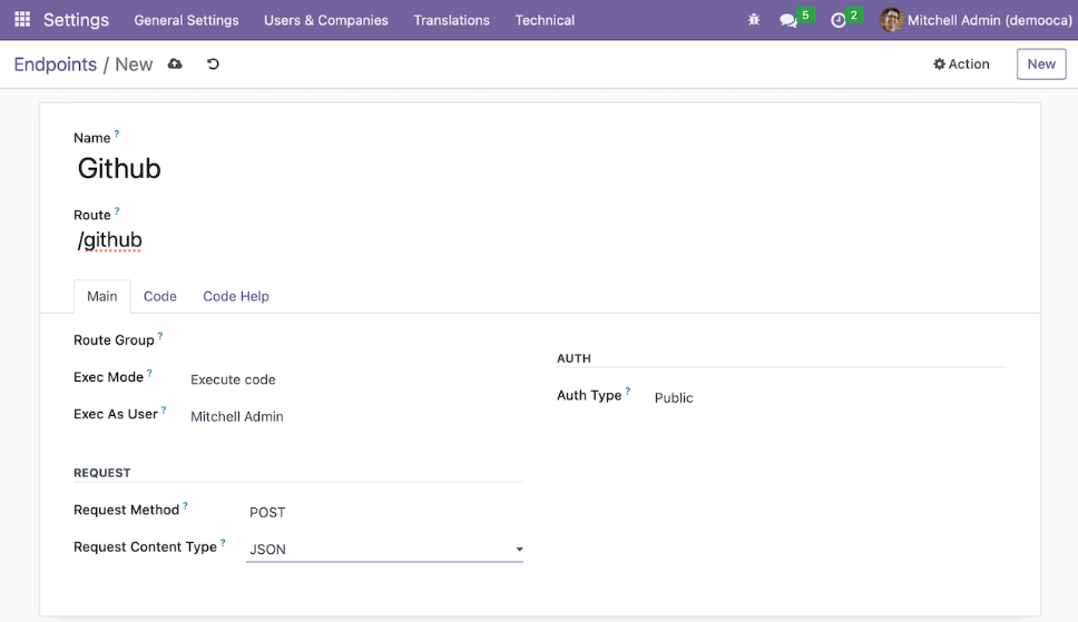 Endpoint configuration form with route and auth settings