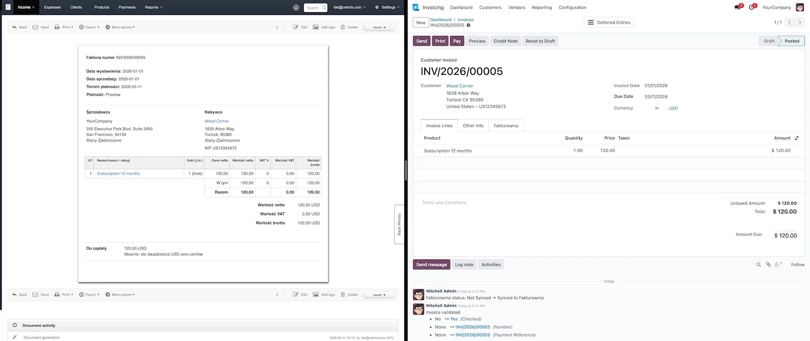Synced invoices in Odoo and Fakturownia