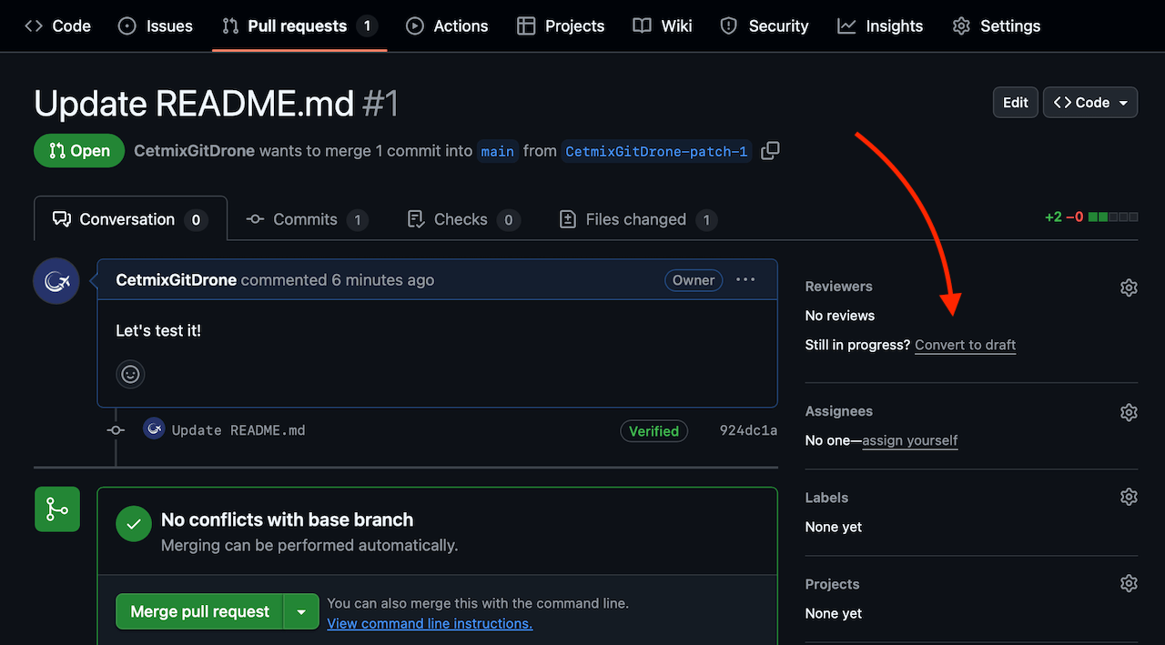 GitHub convert PR to draft option