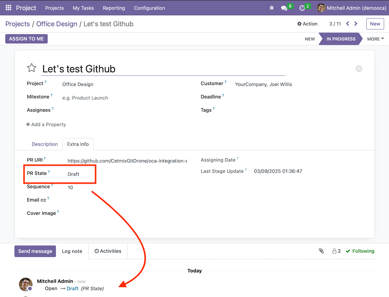 Odoo task with draft PR status