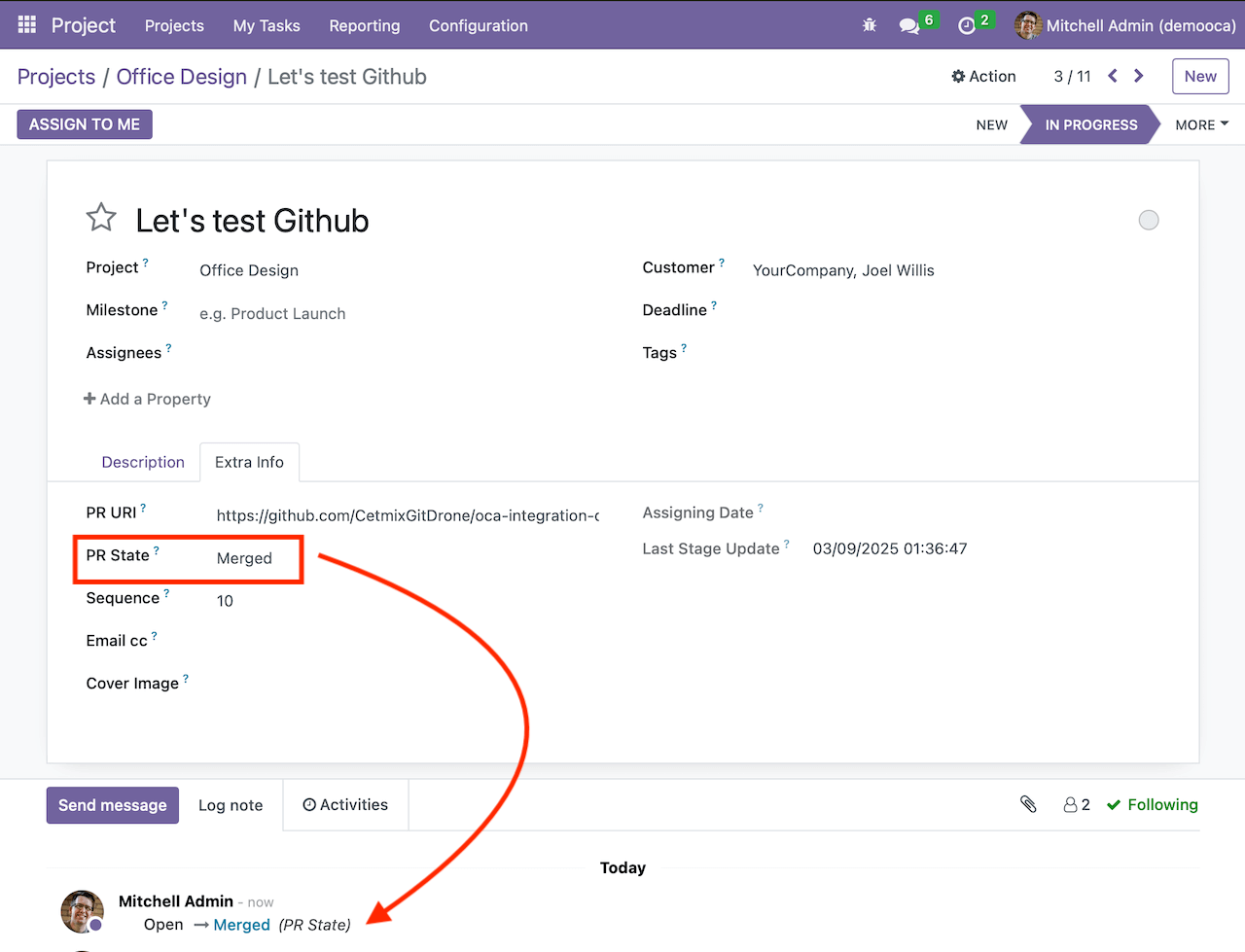 Odoo task with merged PR status