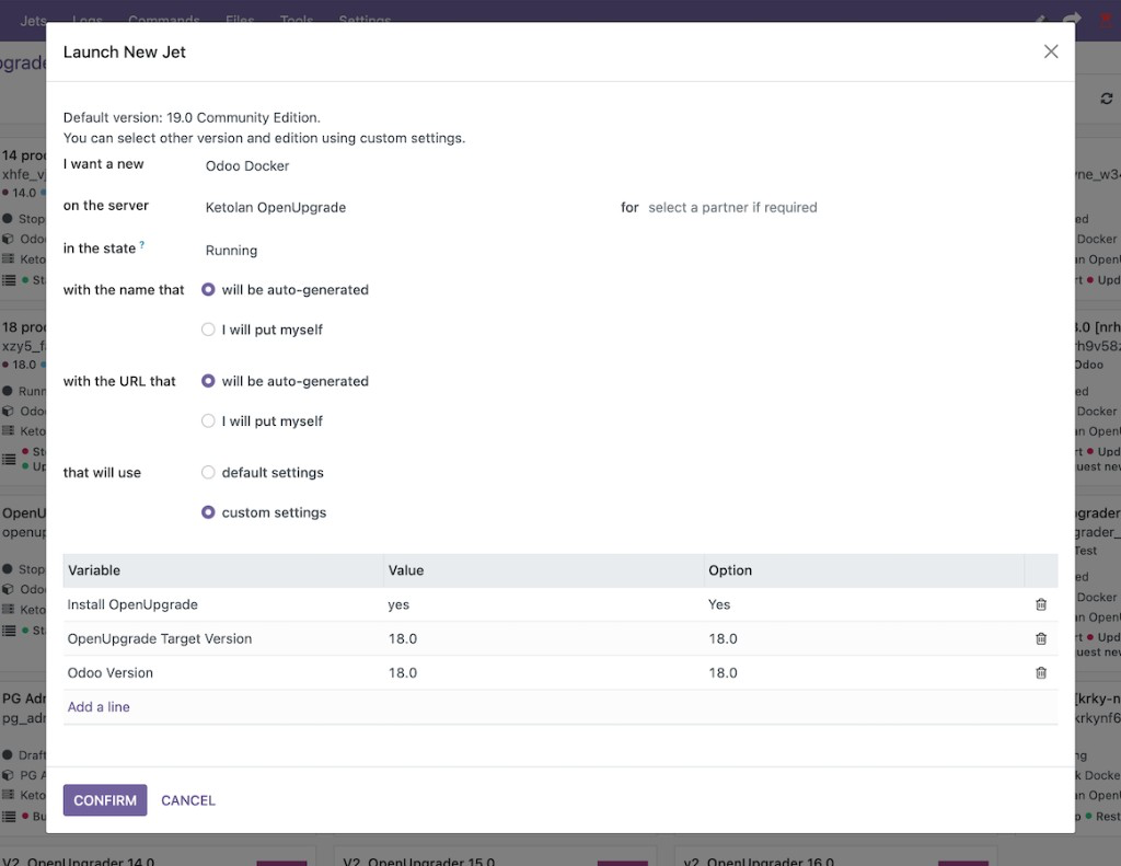 Launching a new OpenUpgrade Jet in Cetmix Tower