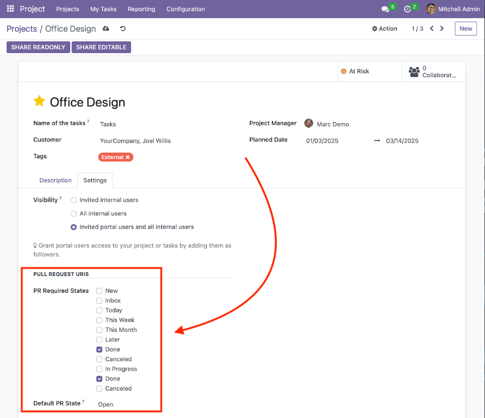 Project settings for pull request configuration