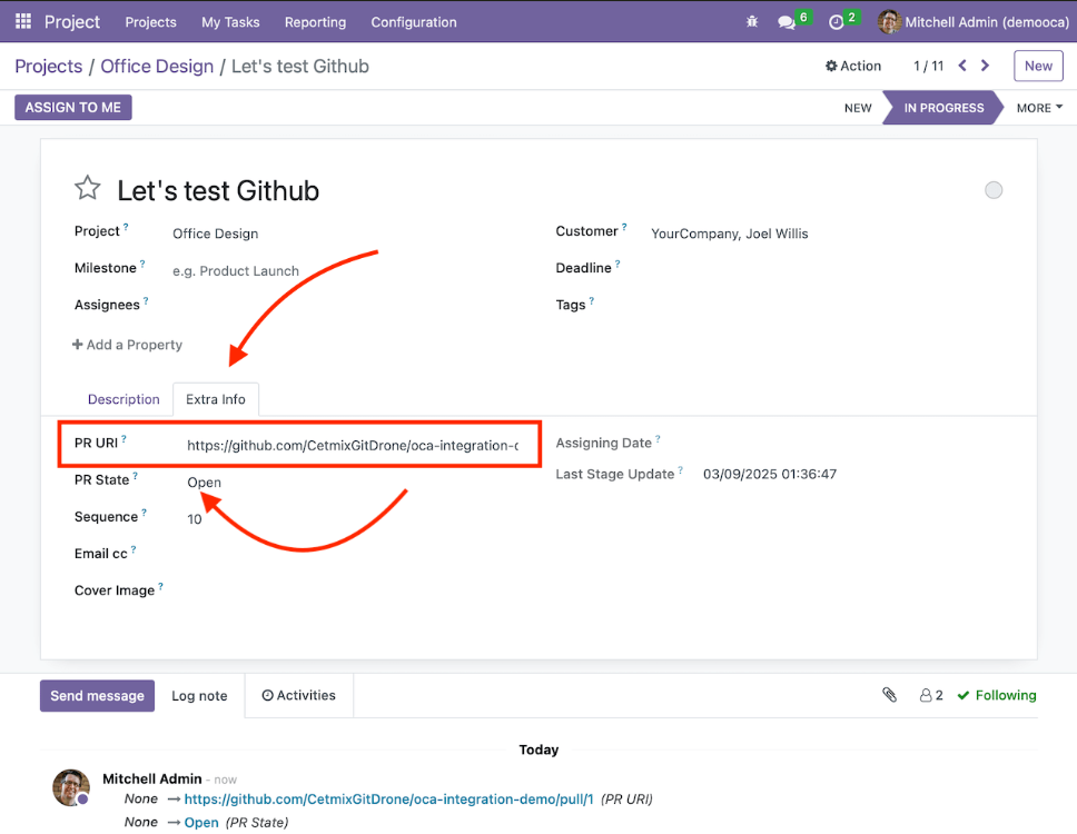 Odoo task form with PR URI field