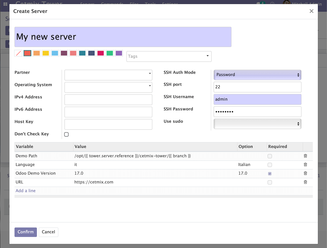 Server from template wizard form