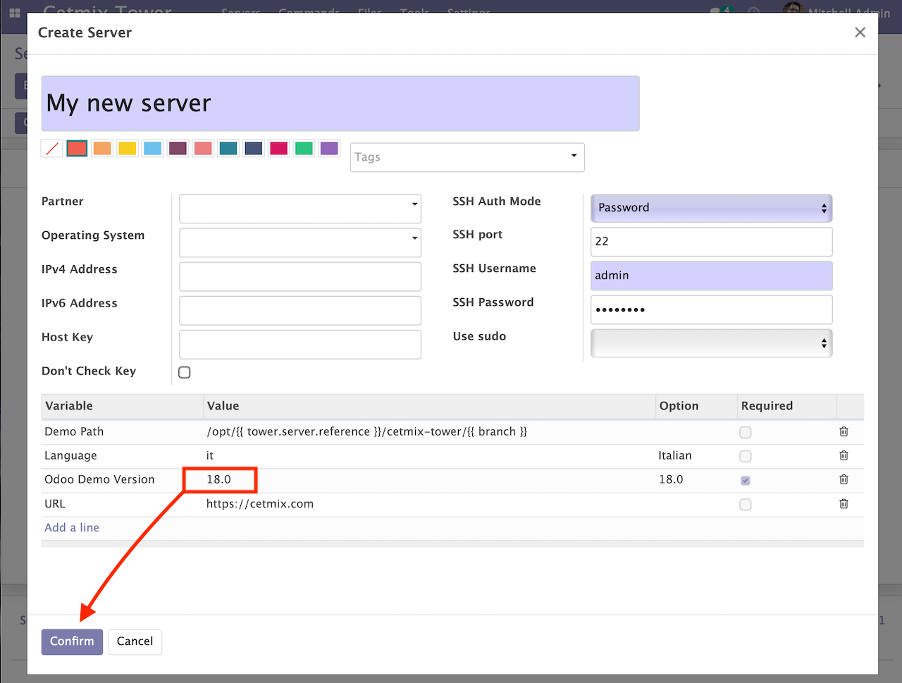 Server template wizard form - all fields completed