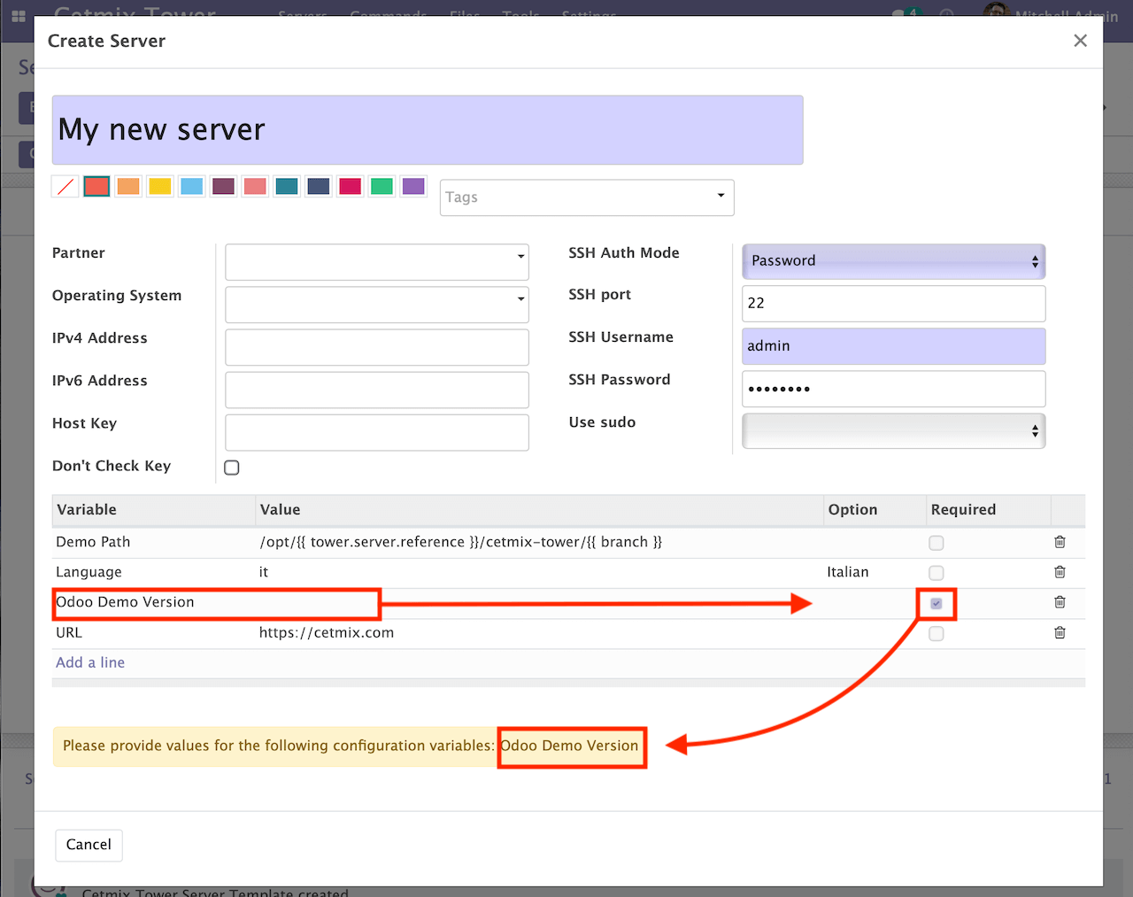 Server template wizard form - missing required values
