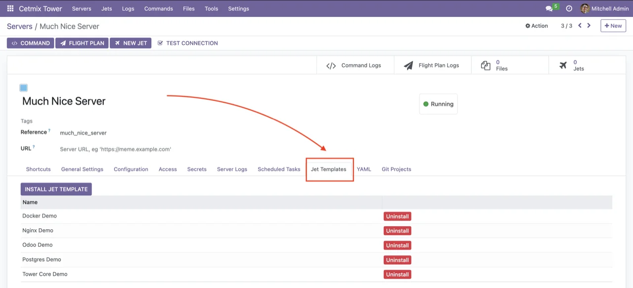 Jet templates installed on server