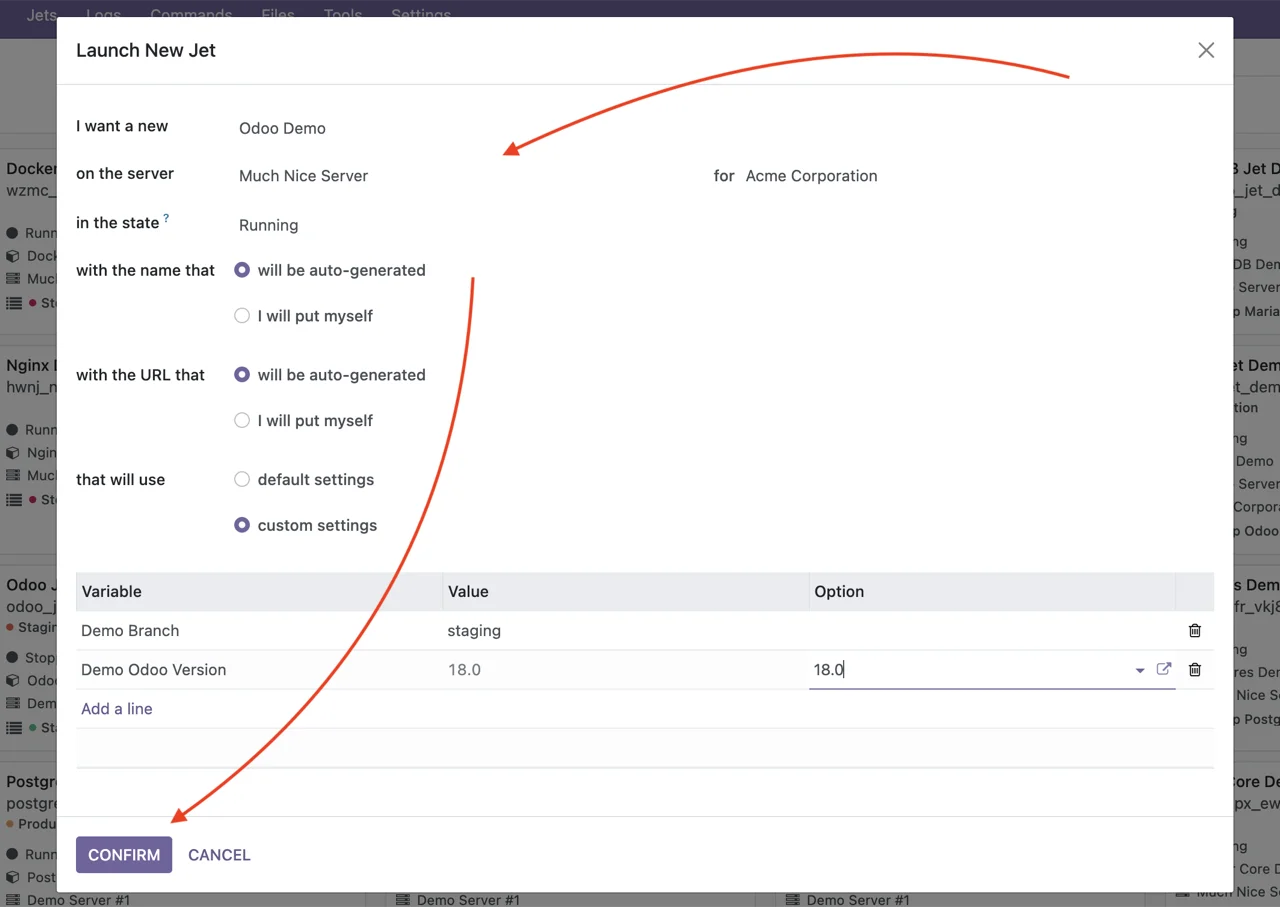 Jet launch wizard form
