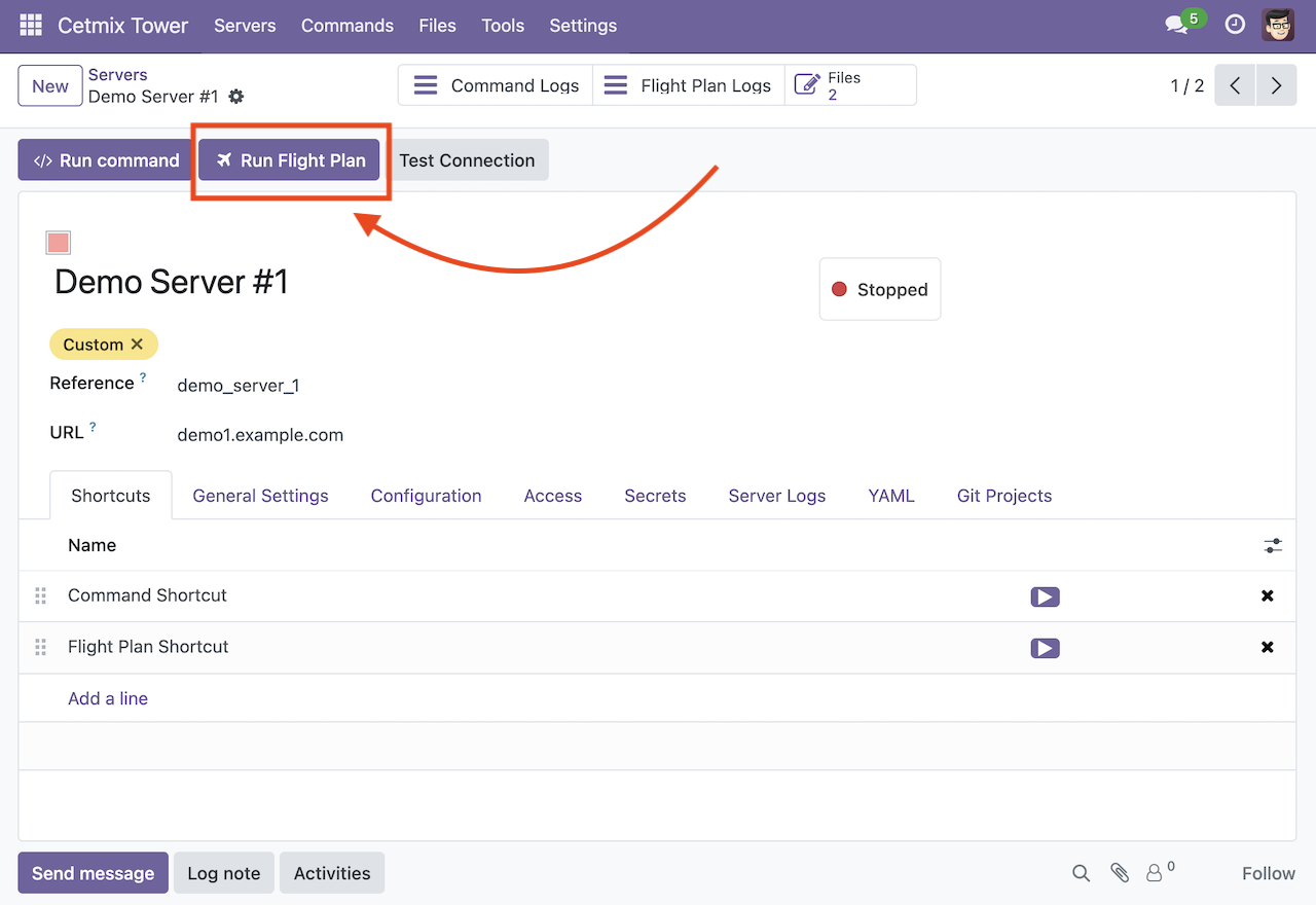 Server form run flight plan