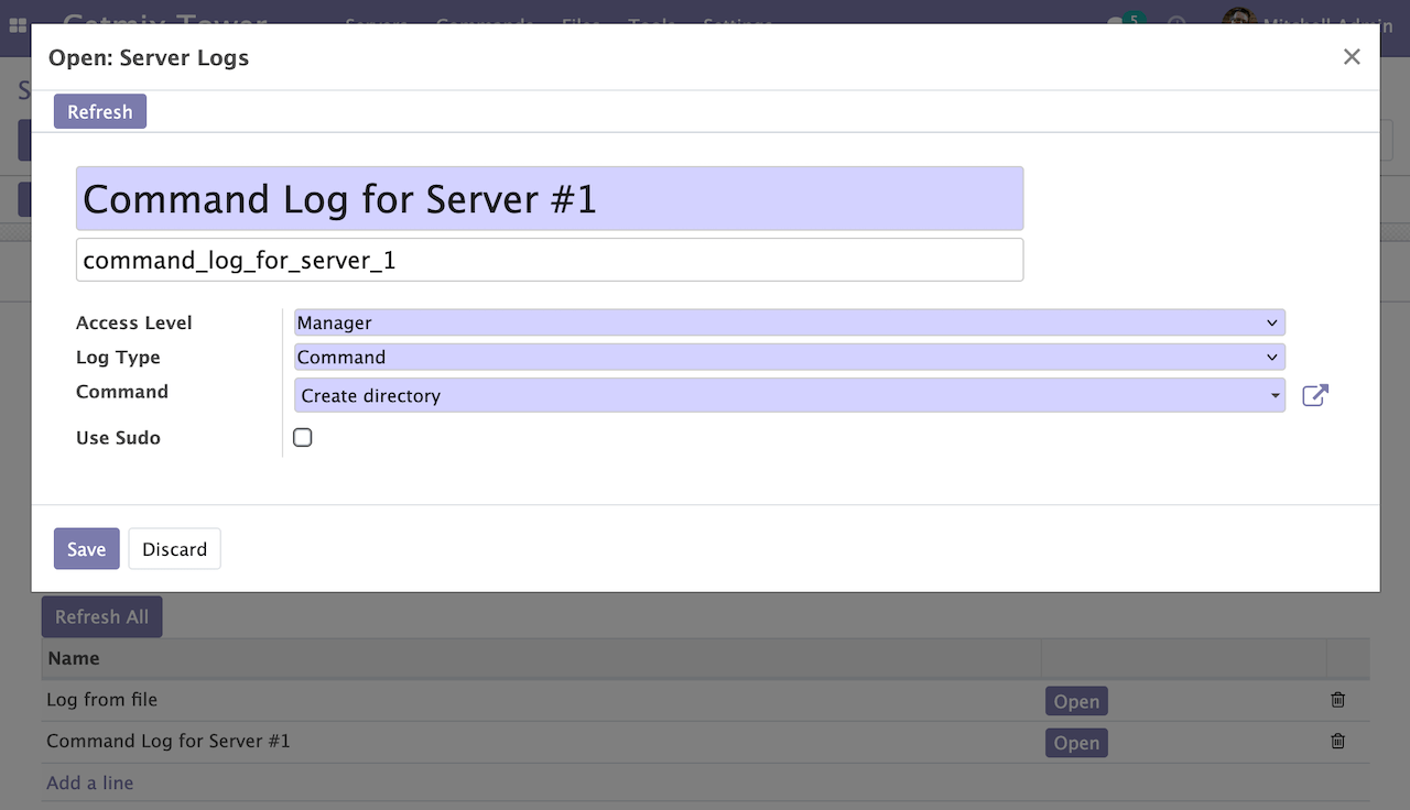 Server logs command form