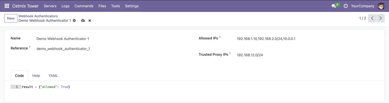 Webhook Authenticator form