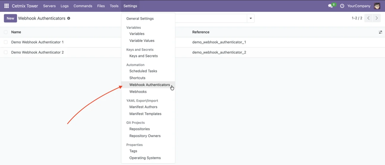 Webhook Authenticators list