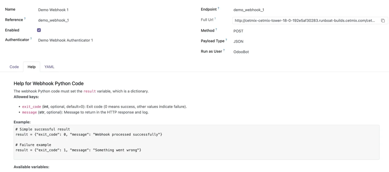 Webhook form – Help tab