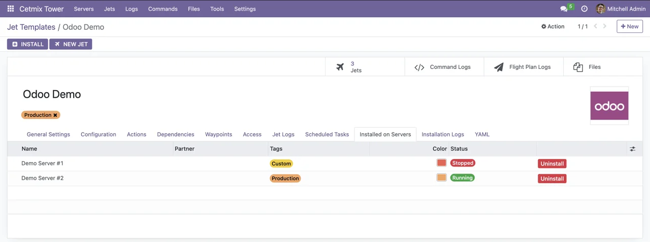 Installed on Servers Tab